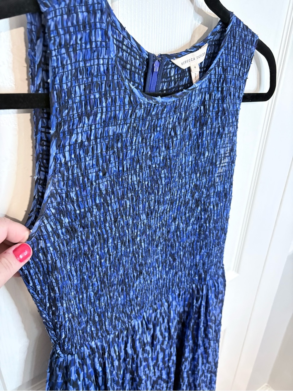 Rebecca Taylor Silk Blend Smocked Midi Dress Blue Print Sleeveless Size 4 - Picture 5 of 12